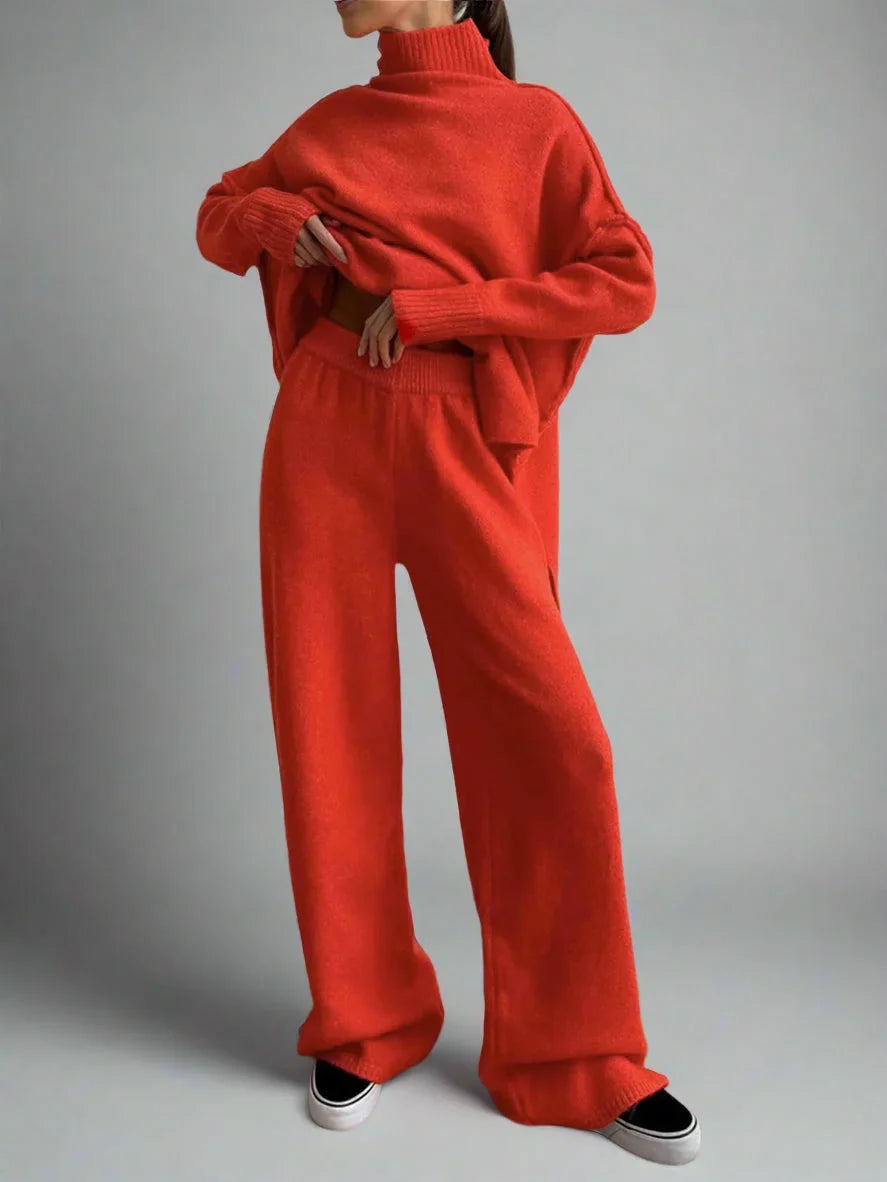Women's Knit Co Ord Set with Turtleneck Top and Wide Leg Trousers