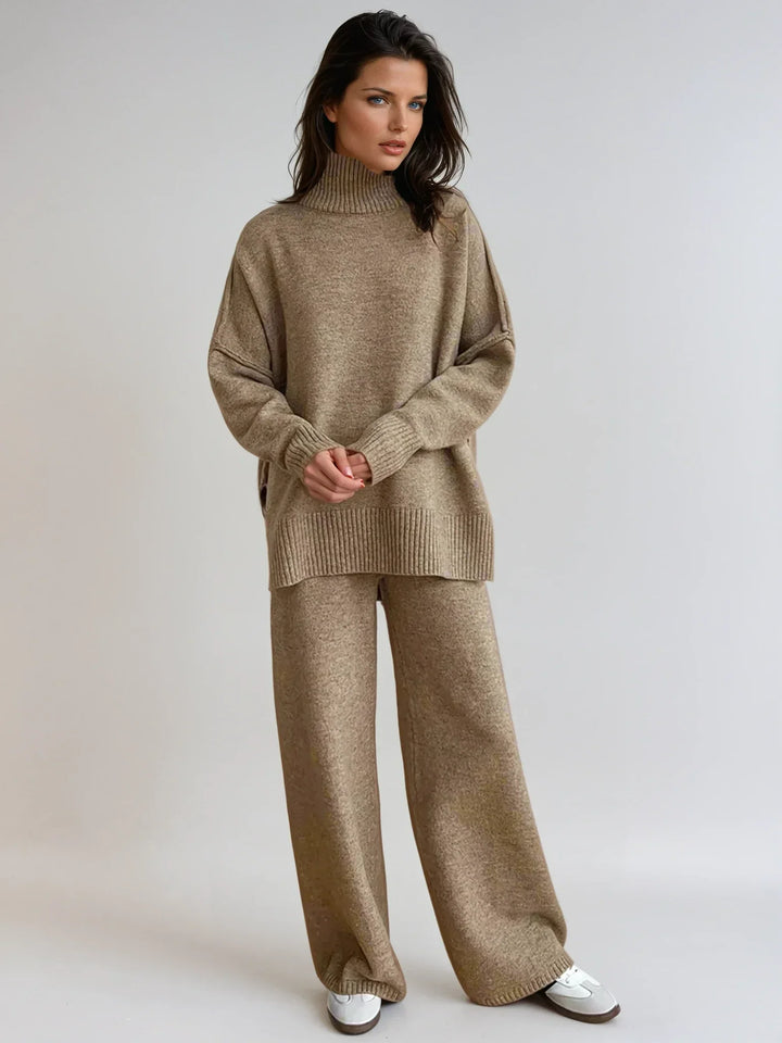 Women's Knit Co Ord Set with Turtleneck Top and Wide Leg Trousers
