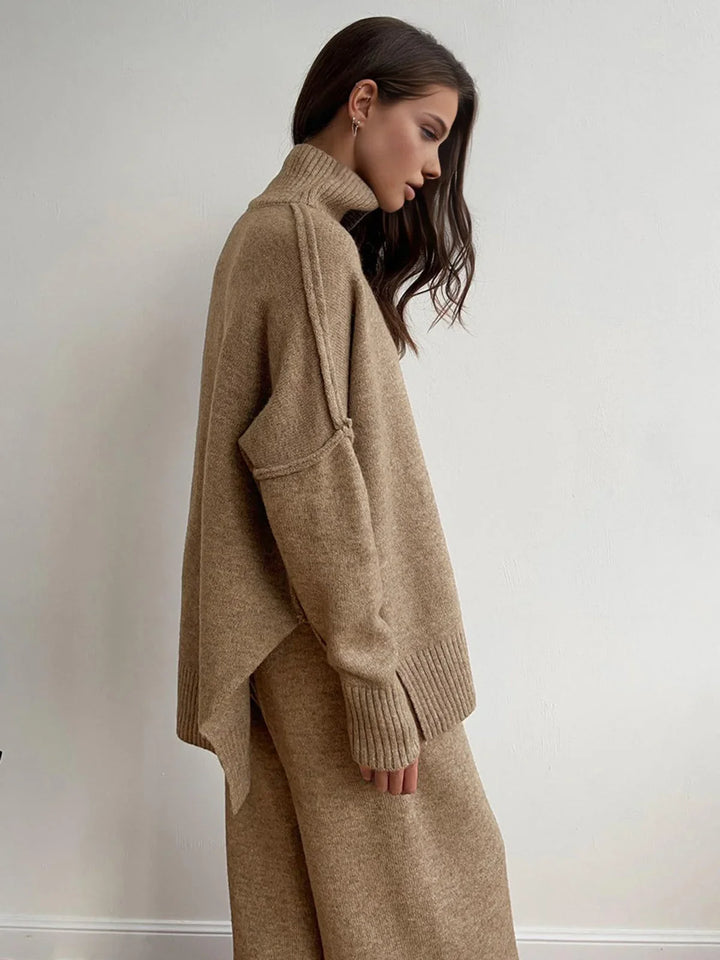 Women's Knit Co Ord Set with Turtleneck Top and Wide Leg Trousers