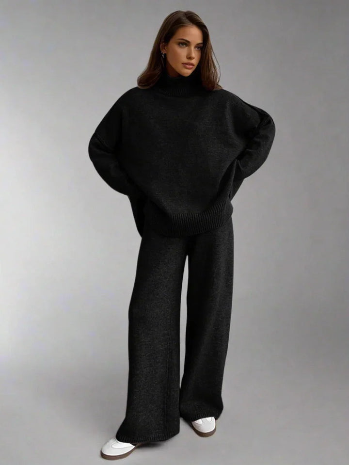Women's Knit Co Ord Set with Turtleneck Top and Wide Leg Trousers