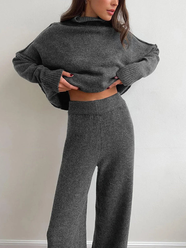 Women's Knit Co Ord Set with Turtleneck Top and Wide Leg Trousers