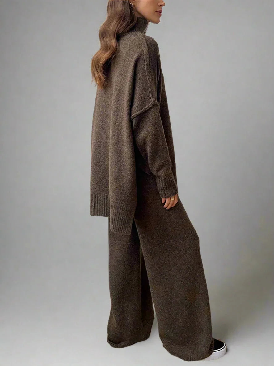 Women's Knit Co Ord Set with Turtleneck Top and Wide Leg Trousers