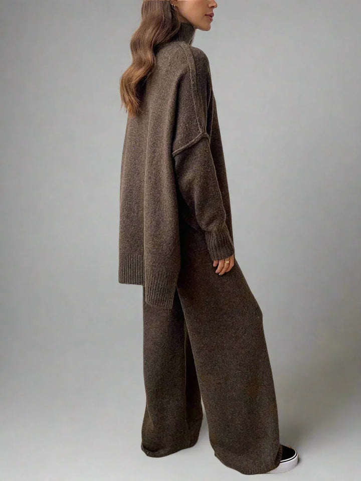Women's Knit Co Ord Set with Turtleneck Top and Wide Leg Trousers
