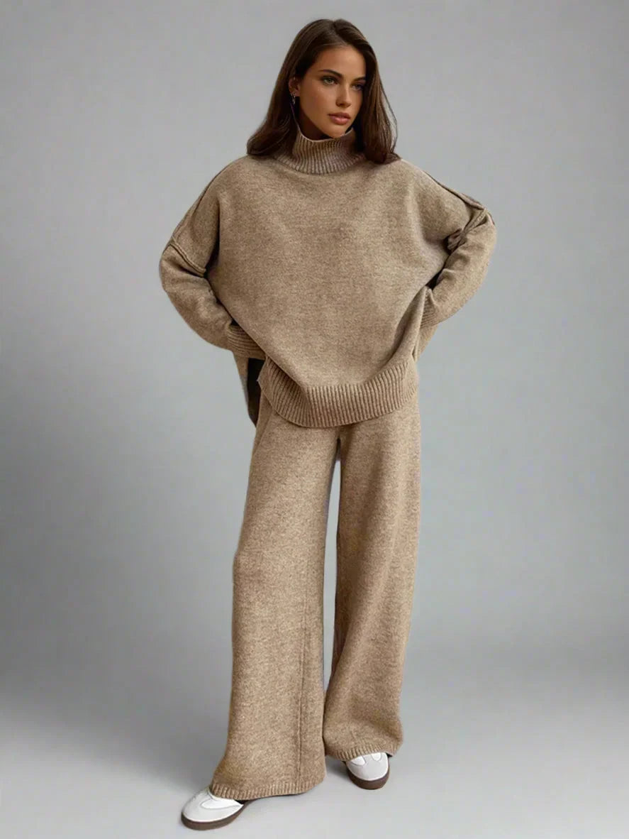 Women's Knit Co Ord Set with Turtleneck Top and Wide Leg Trousers