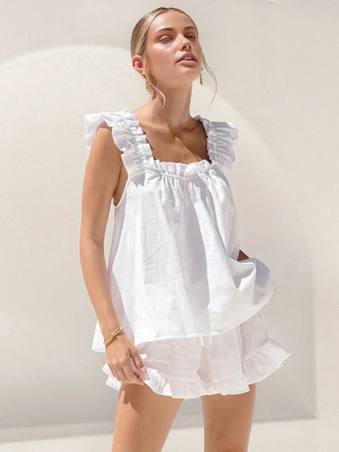 Women's Two Piece Co-Ord Set with Ruffle Top and Shorts