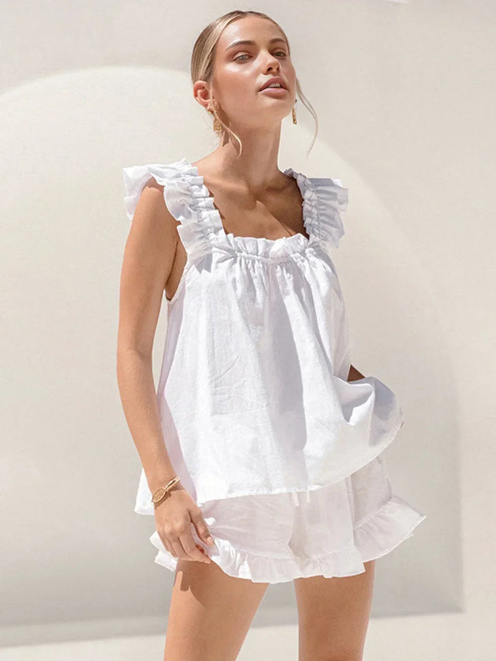 Women's Two Piece Co-Ord Set with Ruffle Top and Shorts