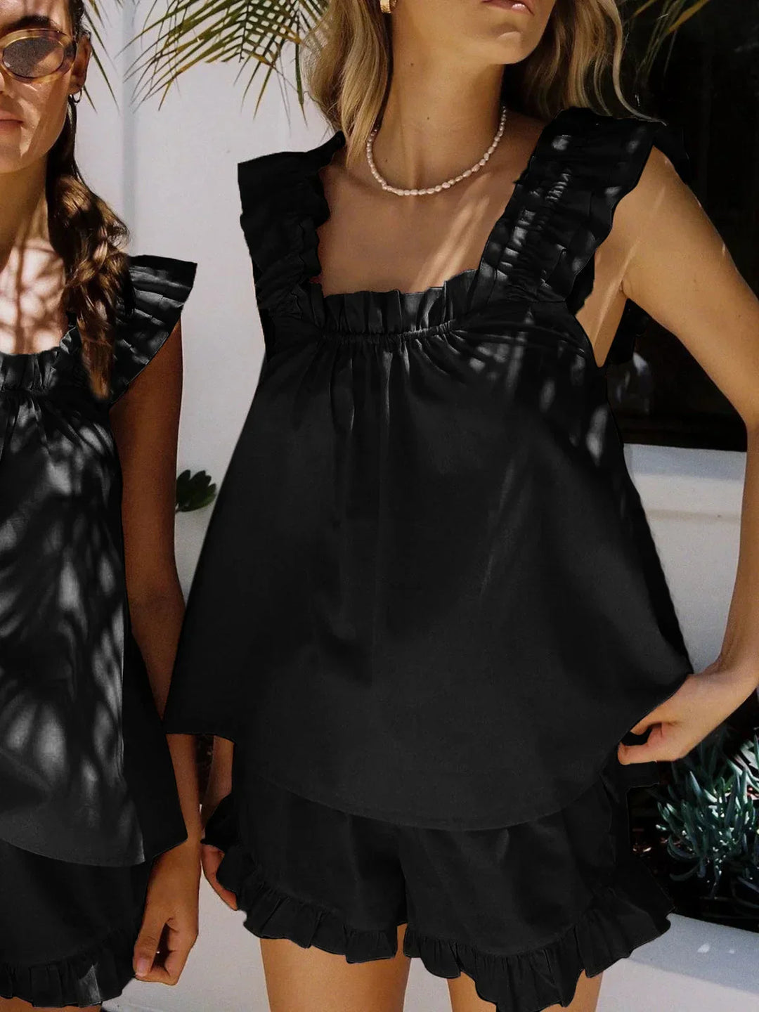 Women's Two Piece Co-Ord Set with Ruffle Top and Shorts