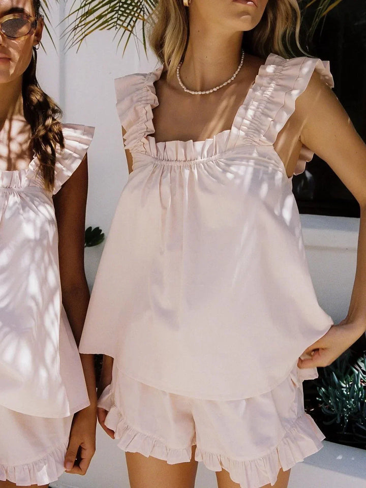 Women's Two Piece Co-Ord Set with Ruffle Top and Shorts