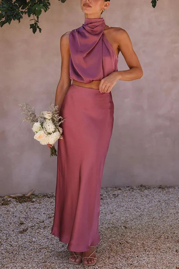 Women's Two Piece Co-Ord Set with Draped Top and Maxi Skirt