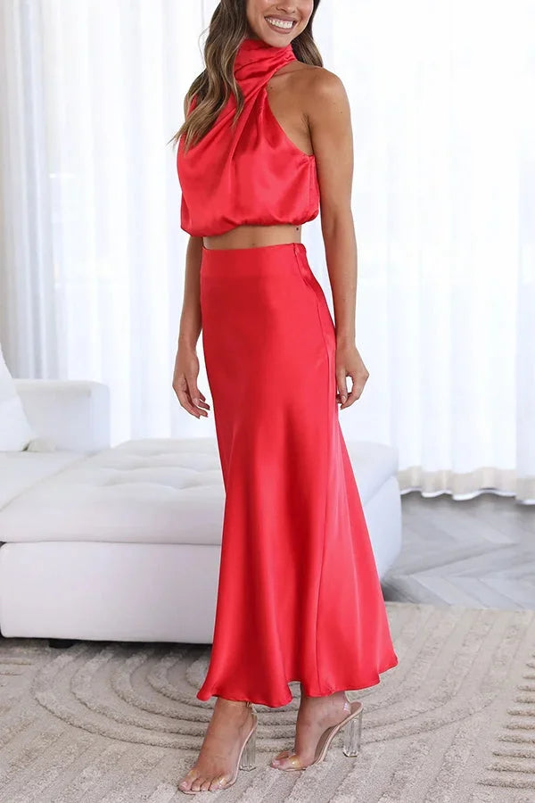 Women's Two Piece Co-Ord Set with Draped Top and Maxi Skirt