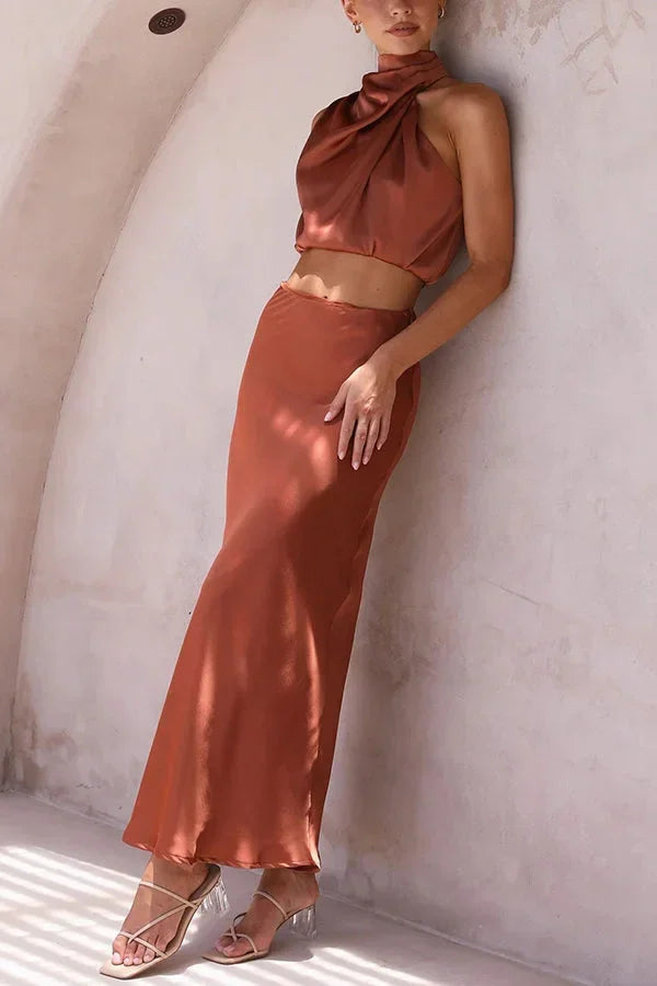 Women's Two Piece Co-Ord Set with Draped Top and Maxi Skirt