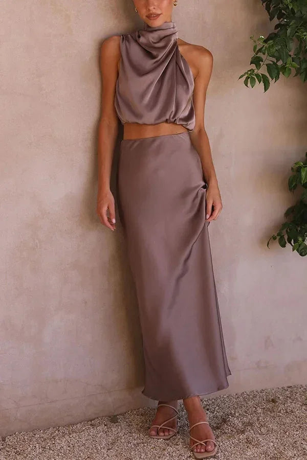Women's Two Piece Co-Ord Set with Draped Top and Maxi Skirt