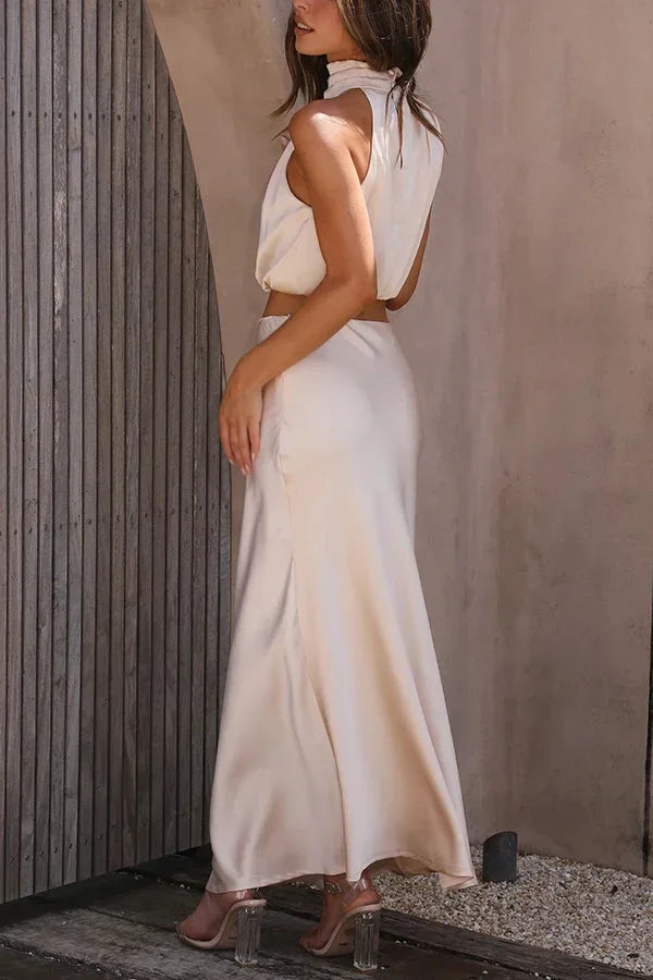 Women's Two Piece Co-Ord Set with Draped Top and Maxi Skirt