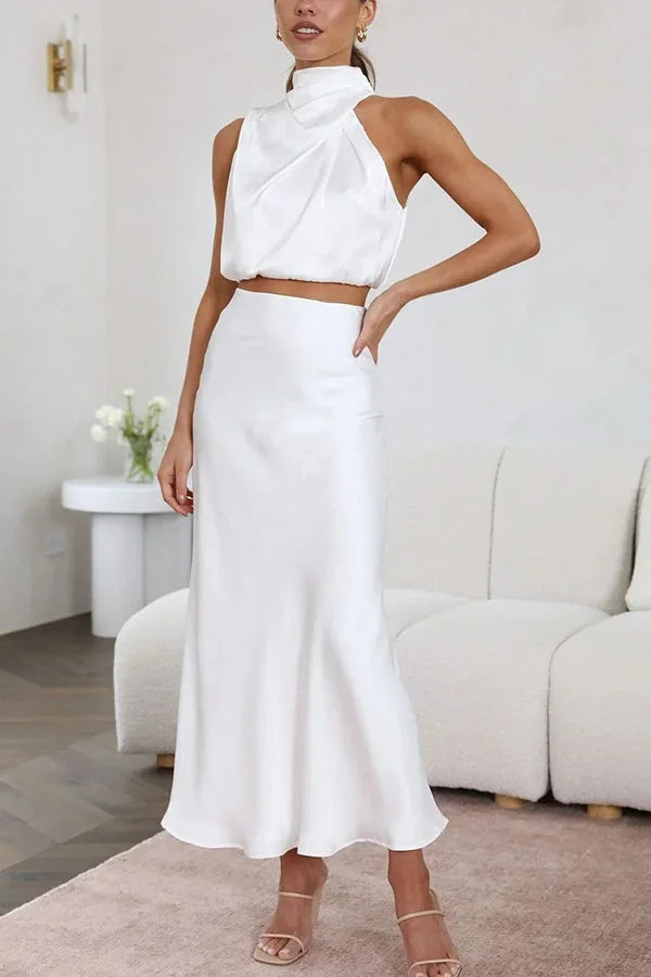 Women's Two Piece Co-Ord Set with Draped Top and Maxi Skirt
