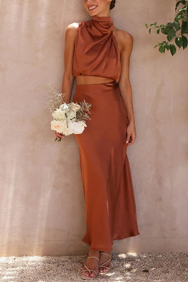 Women's Two Piece Co-Ord Set with Draped Top and Maxi Skirt