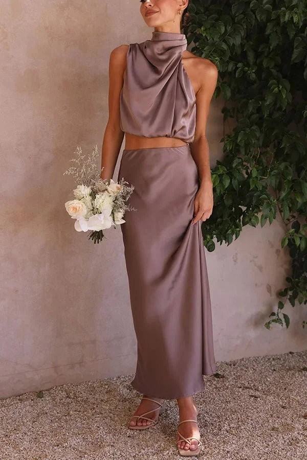 Women's Two Piece Co-Ord Set with Draped Top and Maxi Skirt