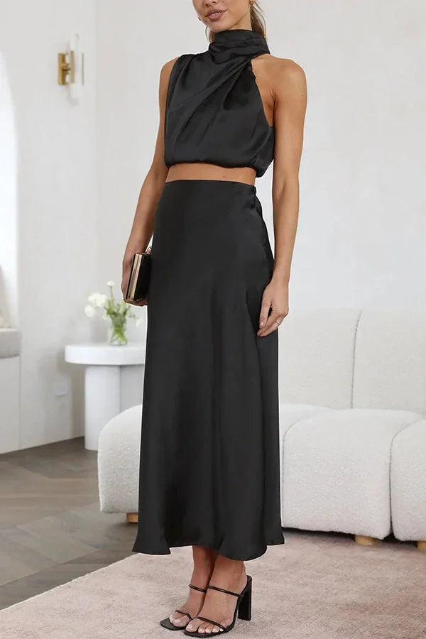Women's Two Piece Co-Ord Set with Draped Top and Maxi Skirt