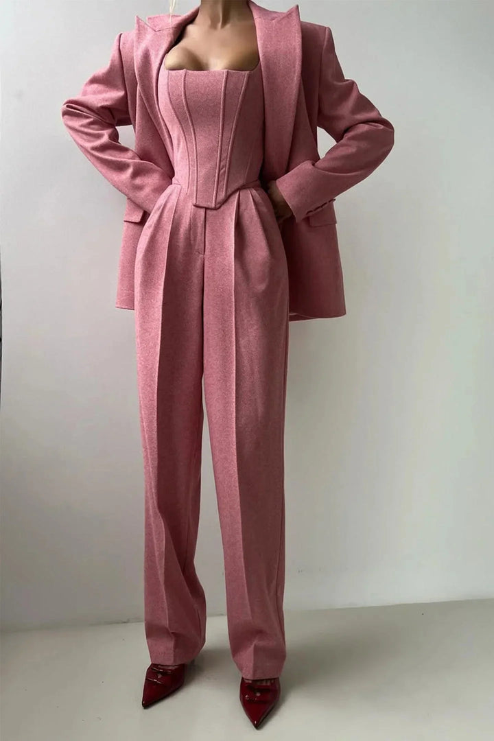 Women's Three Piece Suit Set with Tailored Blazer and Wide Leg Trousers