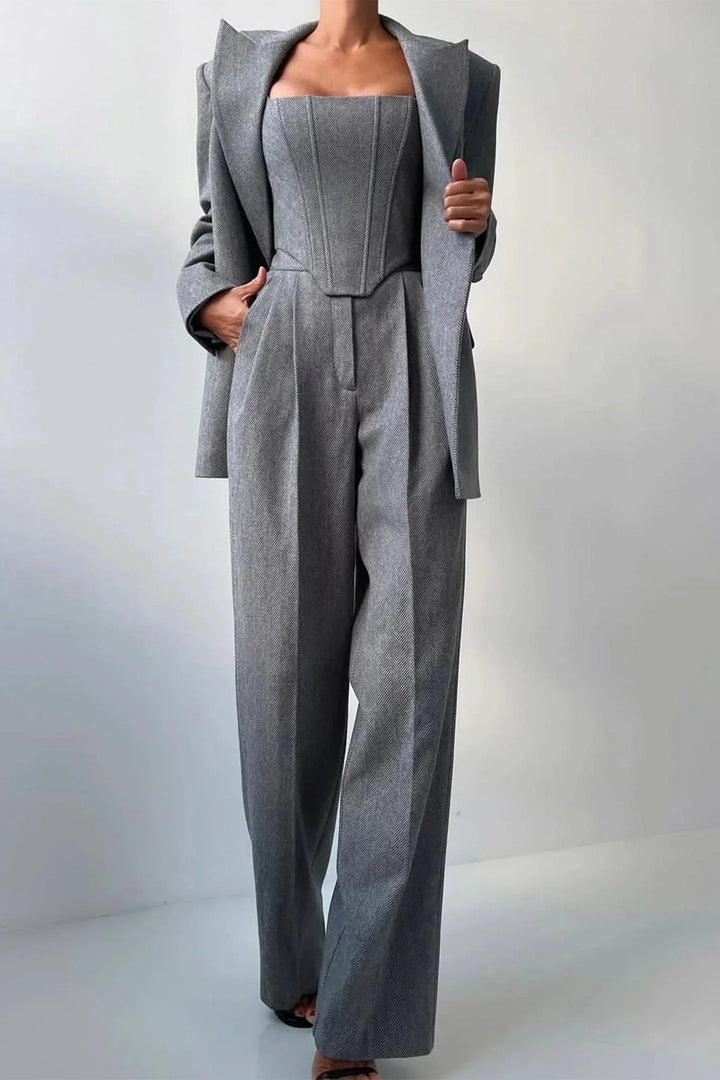 Women's Three Piece Suit Set with Tailored Blazer and Wide Leg Trousers