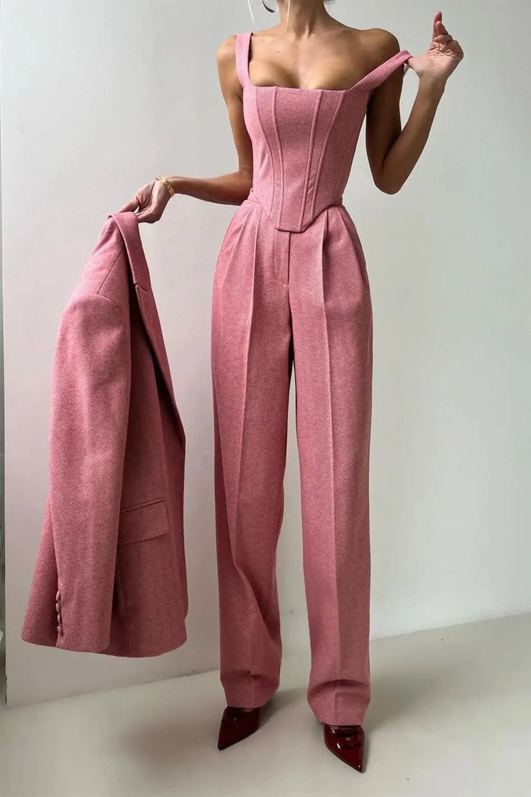 Women's Three Piece Suit Set with Tailored Blazer and Wide Leg Trousers