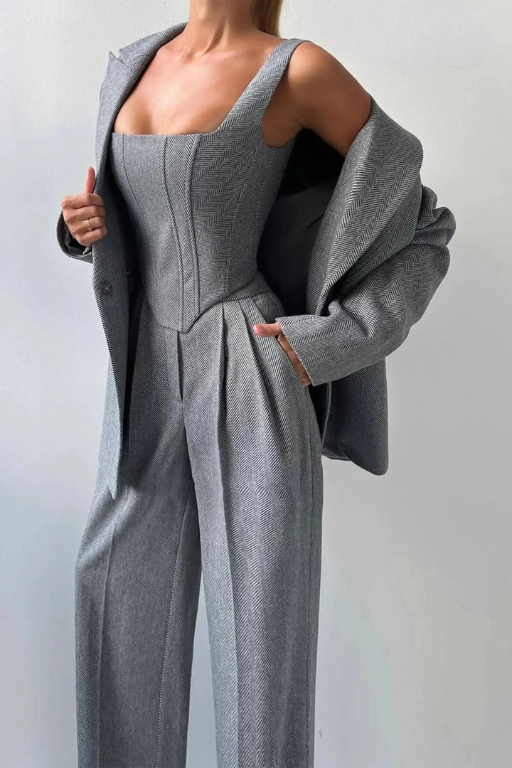 Women's Three Piece Suit Set with Tailored Blazer and Wide Leg Trousers
