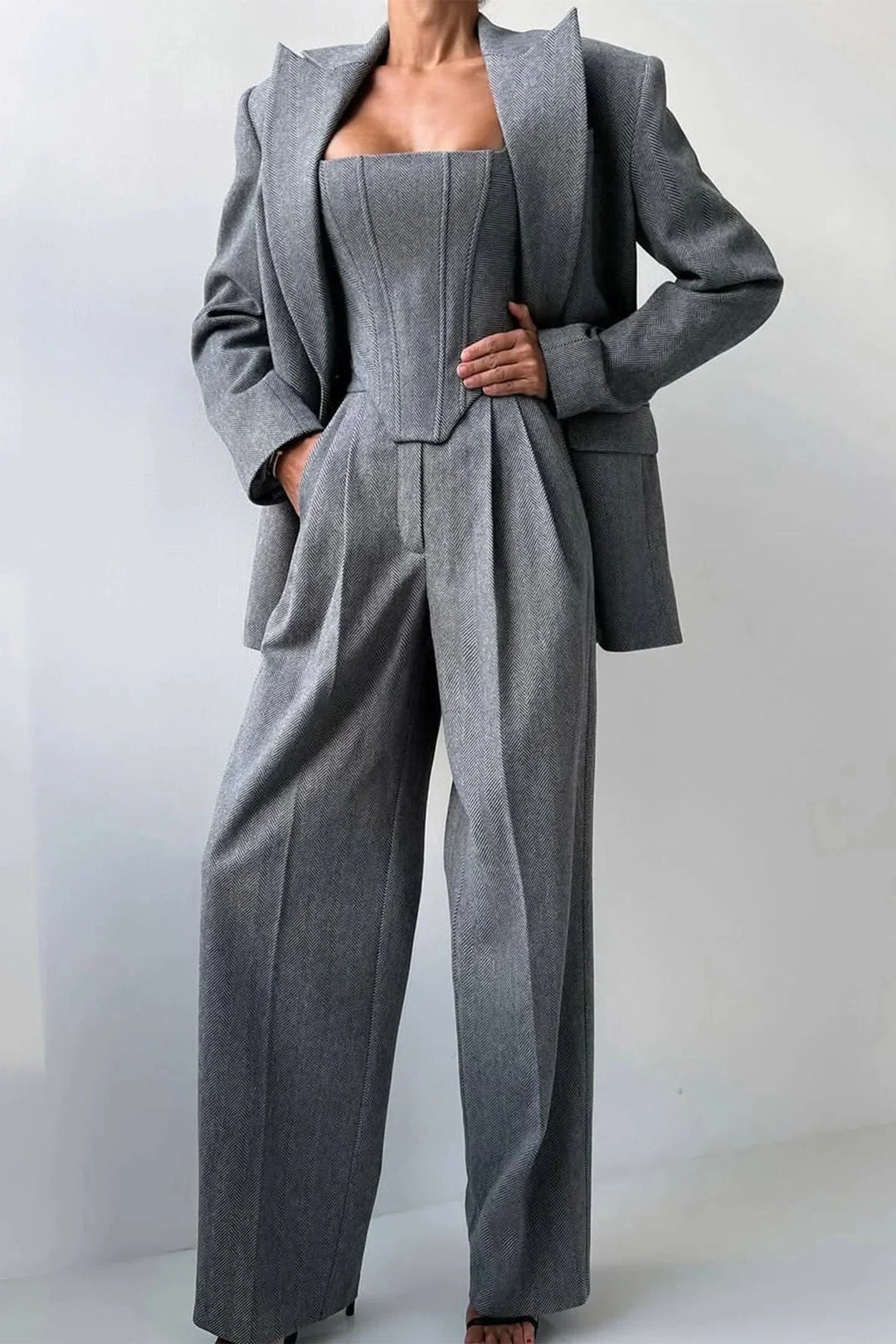 Women's Three Piece Suit Set with Tailored Blazer and Wide Leg Trousers