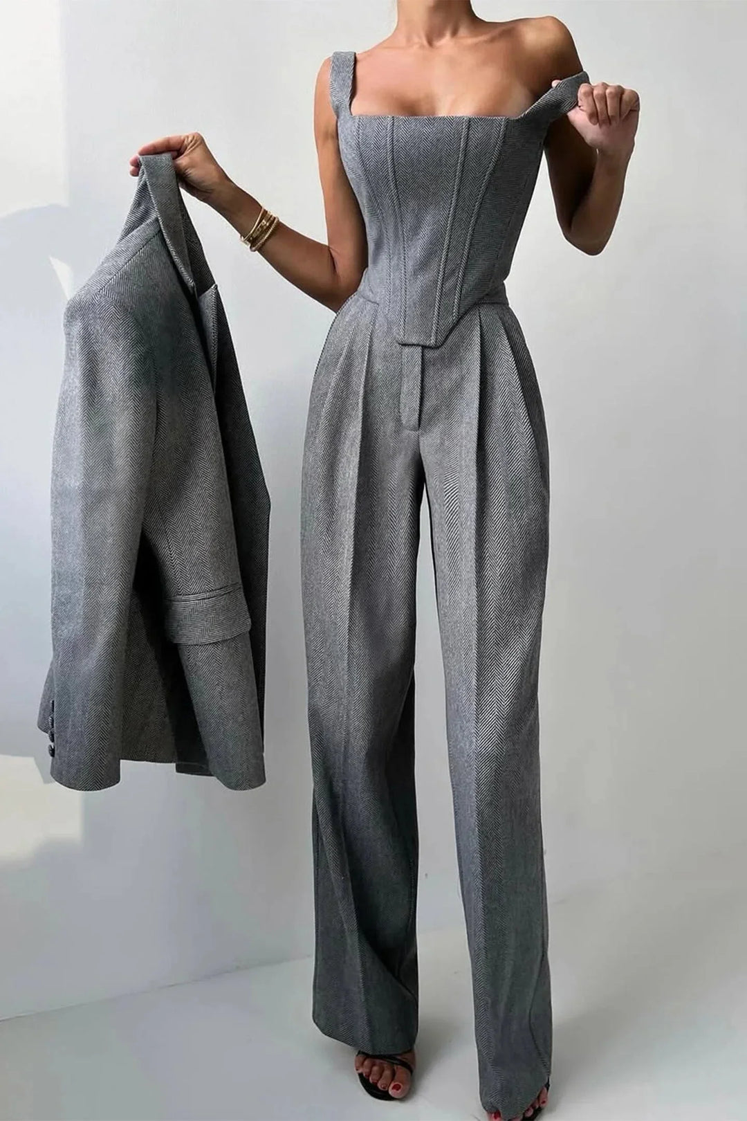 Women's Three Piece Suit Set with Tailored Blazer and Wide Leg Trousers