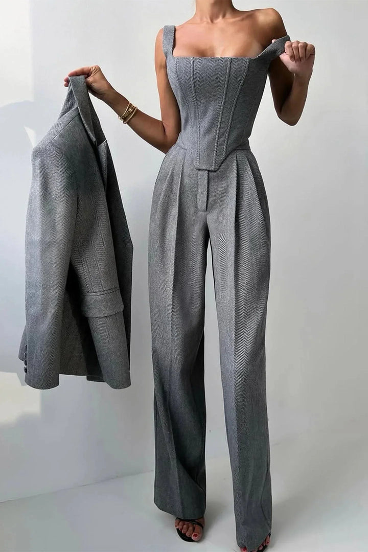 Women's Three Piece Suit Set with Tailored Blazer and Wide Leg Trousers
