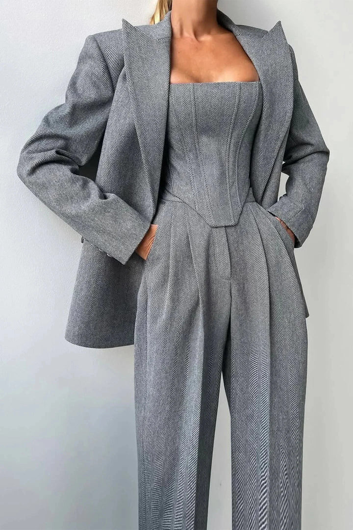 Women's Three Piece Suit Set with Tailored Blazer and Wide Leg Trousers