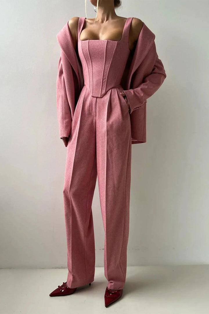 Women's Three Piece Suit Set with Tailored Blazer and Wide Leg Trousers