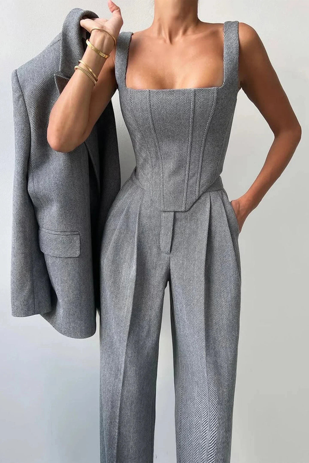 Women's Three Piece Suit Set with Tailored Blazer and Wide Leg Trousers