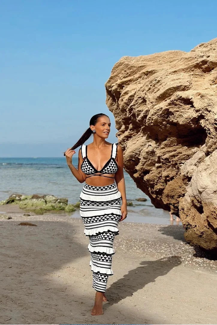 Women's Crochet Co Ord Set with Bralette Top and Maxi Skirt