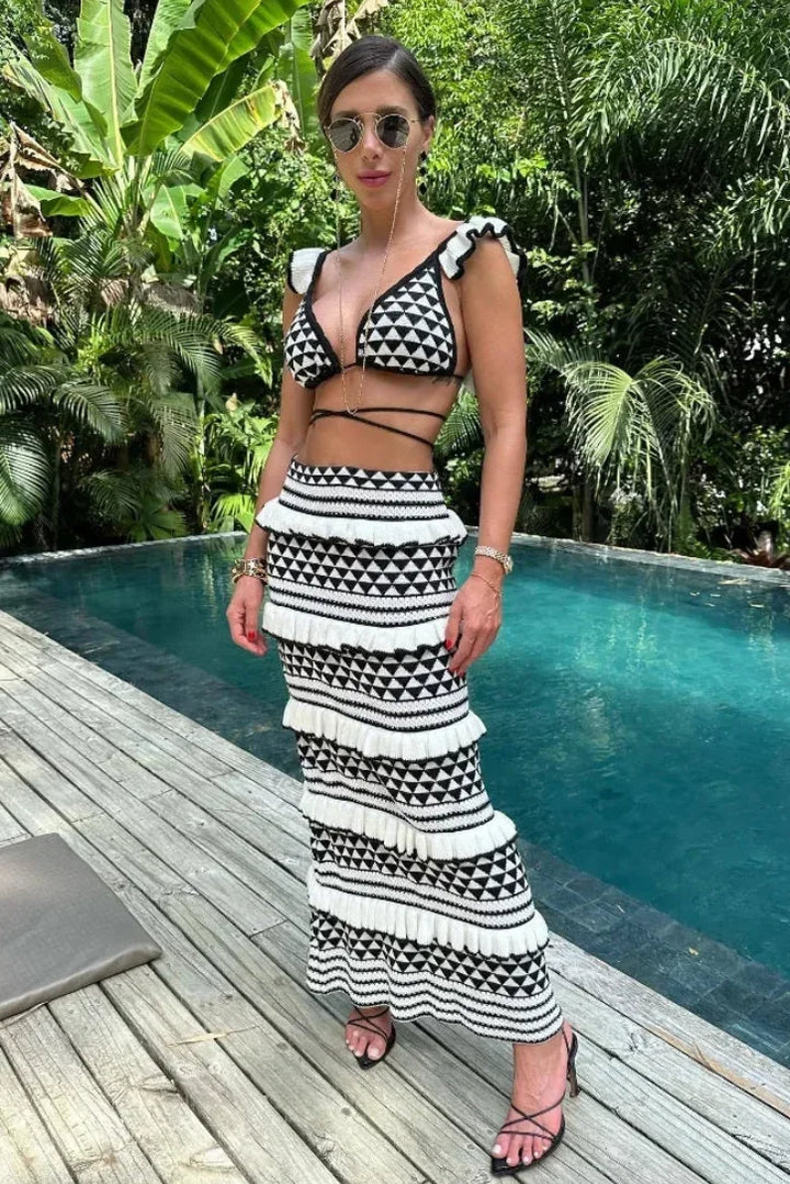 Women's Crochet Co Ord Set with Bralette Top and Maxi Skirt