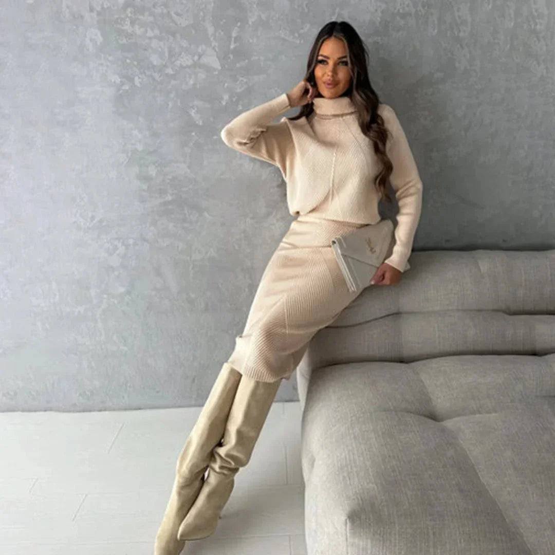 Women's Knit Co Ord Set with Roll Neck Top and High Waist Skirt