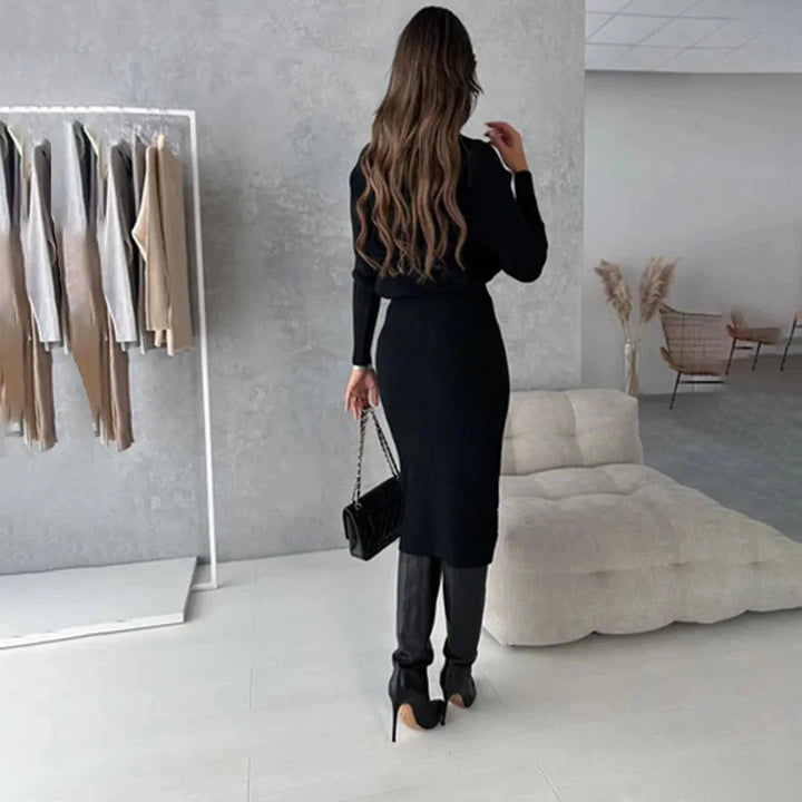 Women's Knit Co Ord Set with Roll Neck Top and High Waist Skirt