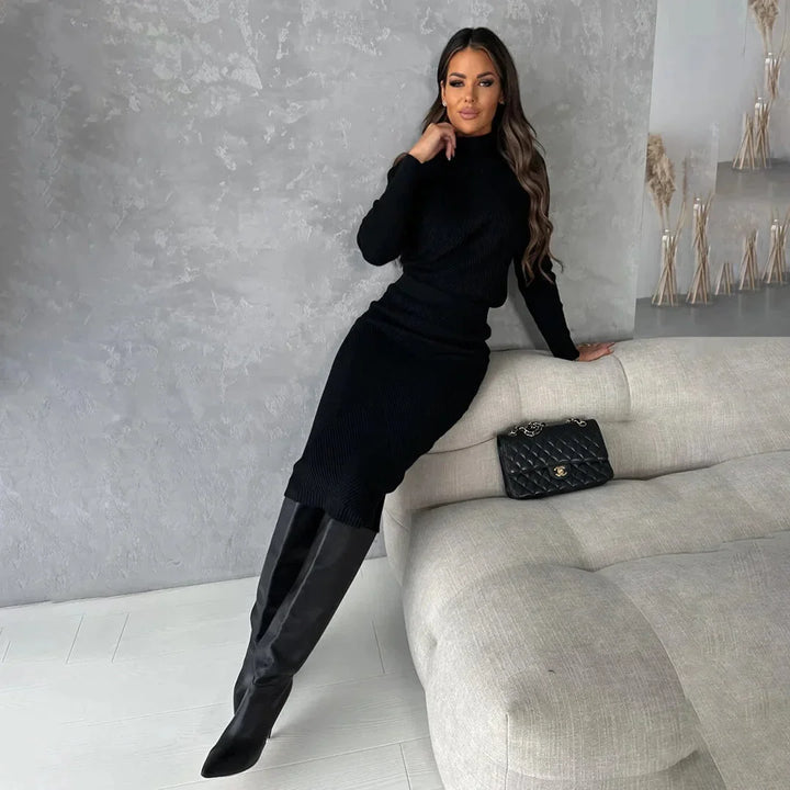 Women's Knit Co Ord Set with Roll Neck Top and High Waist Skirt