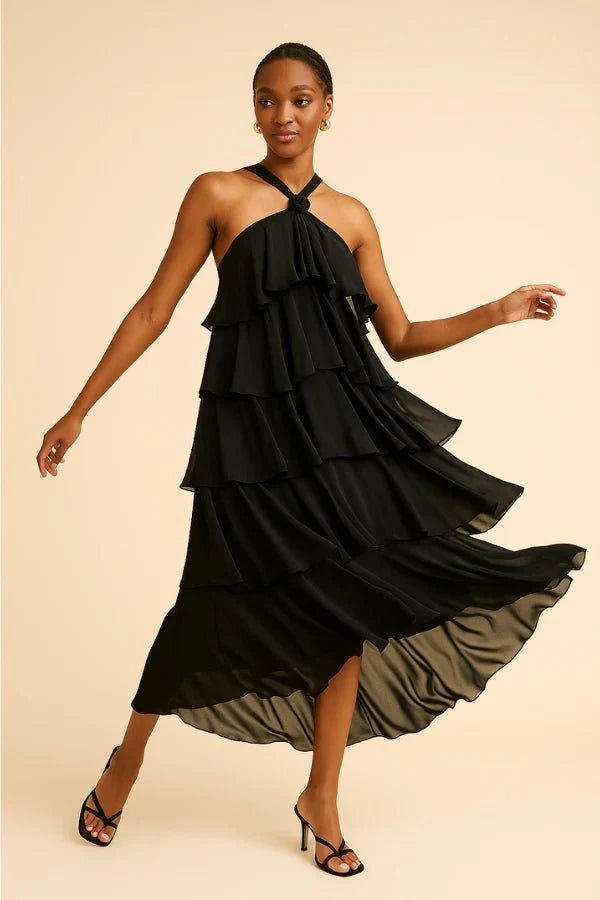 Women's Wedding Guest Halter Maxi Dress with Tiered Skirt
