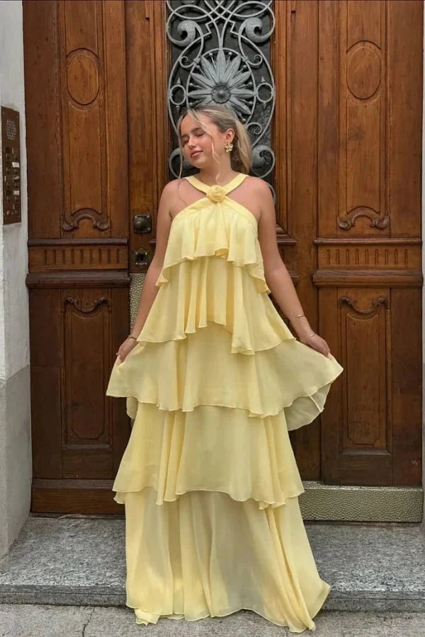 Women's Wedding Guest Halter Maxi Dress with Tiered Skirt