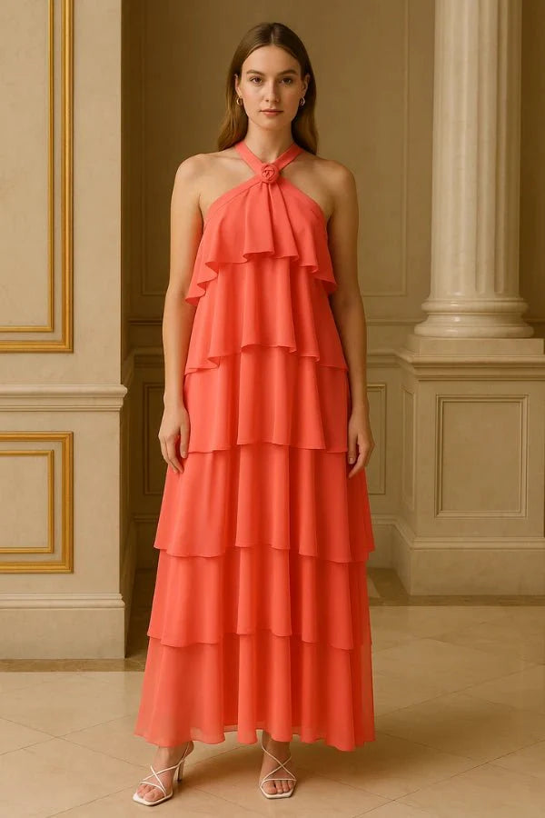 Women's Wedding Guest Halter Maxi Dress with Tiered Skirt