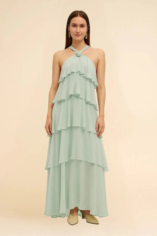 Women's Wedding Guest Halter Maxi Dress with Tiered Skirt
