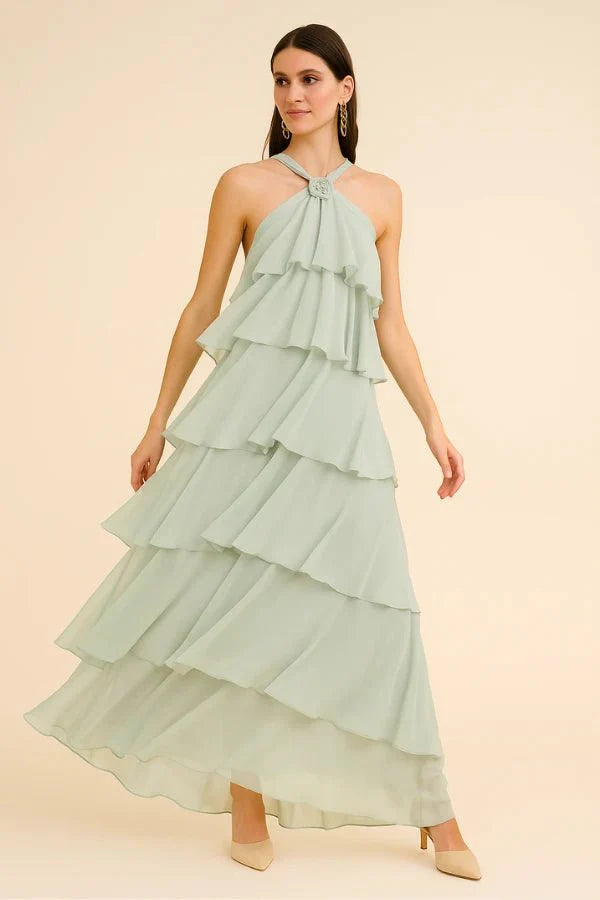 Women's Wedding Guest Halter Maxi Dress with Tiered Skirt