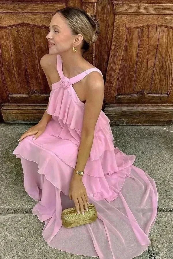 Women's Wedding Guest Halter Maxi Dress with Tiered Skirt