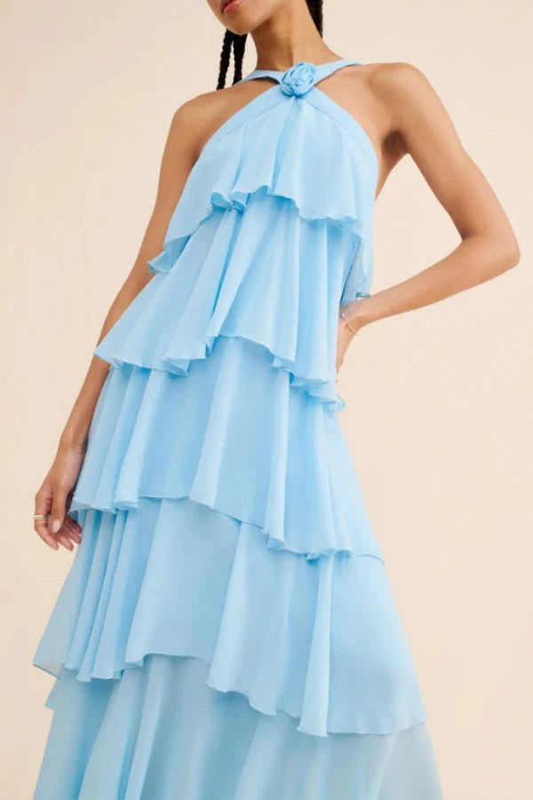 Women's Wedding Guest Halter Maxi Dress with Tiered Skirt