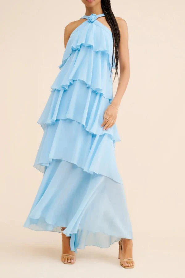 Women's Wedding Guest Halter Maxi Dress with Tiered Skirt