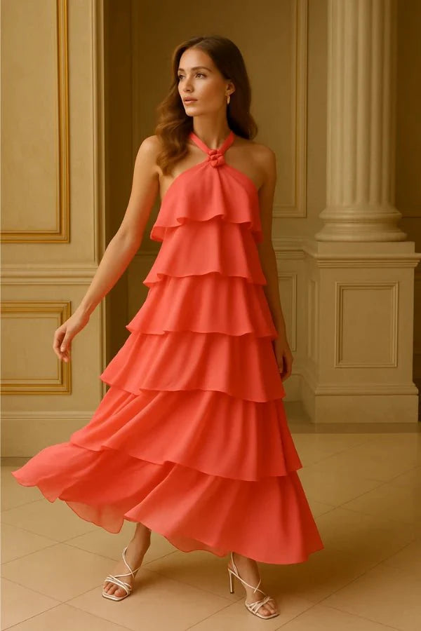 Women's Wedding Guest Halter Maxi Dress with Tiered Skirt