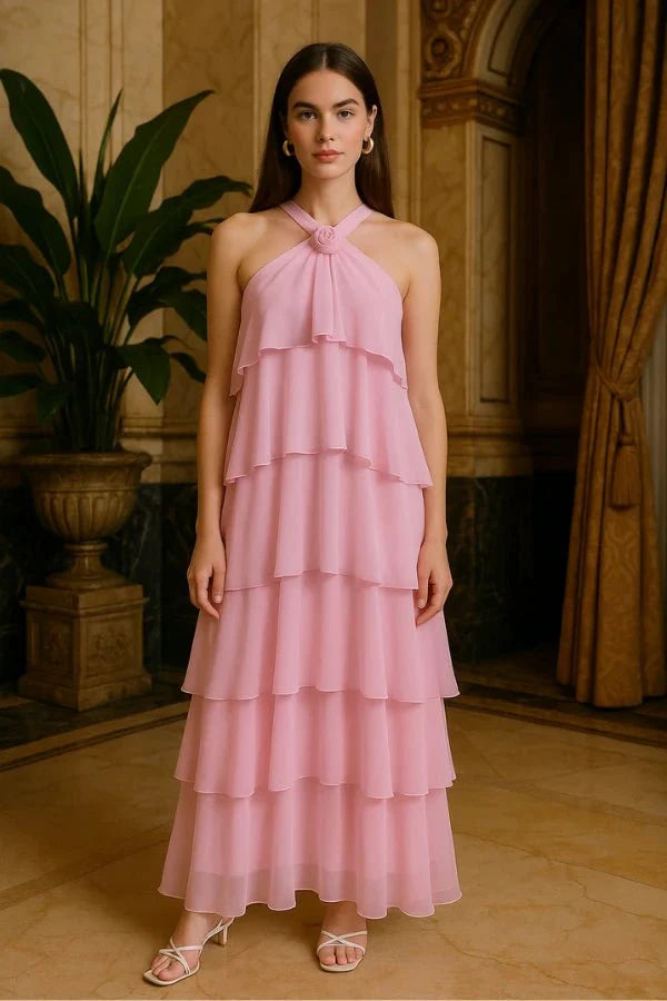 Women's Wedding Guest Halter Maxi Dress with Tiered Skirt