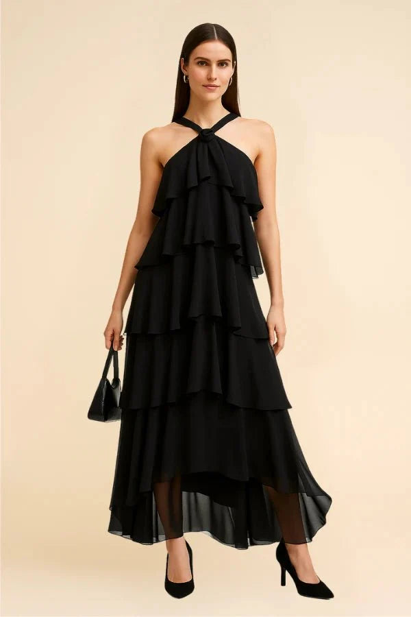 Women's Wedding Guest Halter Maxi Dress with Tiered Skirt