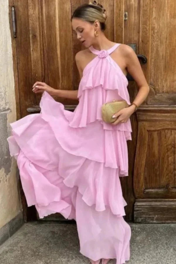 Women's Wedding Guest Halter Maxi Dress with Tiered Skirt