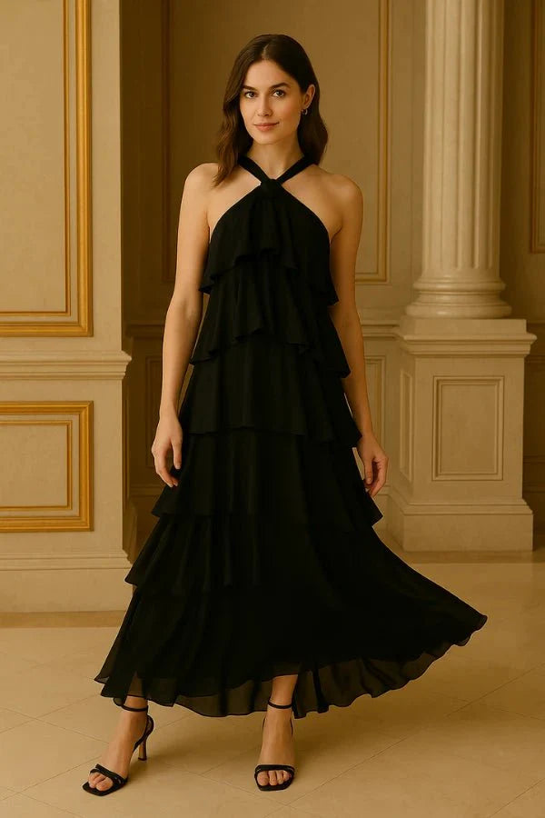 Women's Wedding Guest Halter Maxi Dress with Tiered Skirt