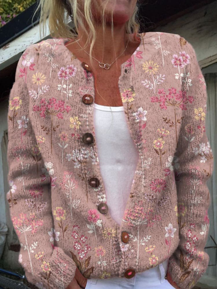 Women's Floral Knit Cardigan with Round Neck and Button Front